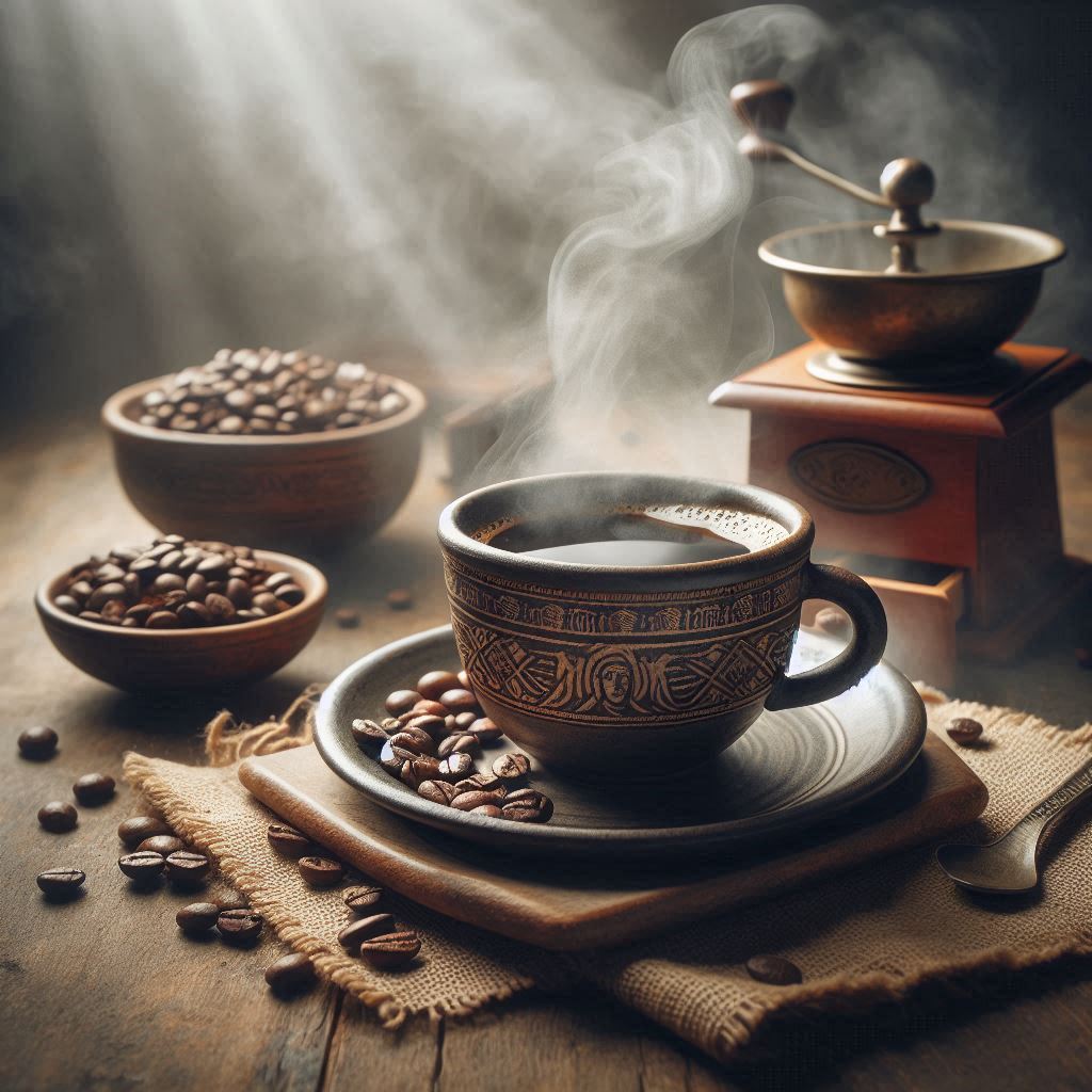 An artistic flat-lay of coffee beans and a vintage map
